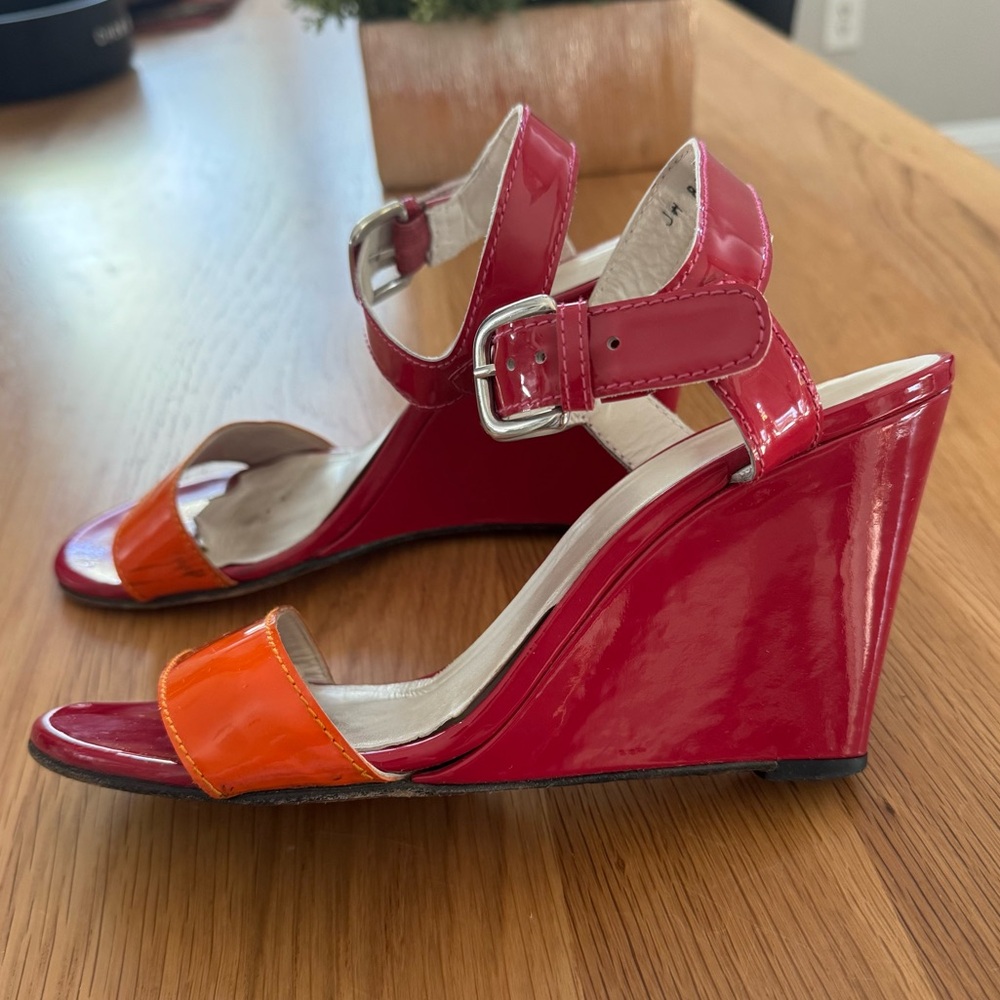 STUART WEITZMAN WEDGE SANDALS COLORBLOCK LEATHER STRAPLY OPEN TOE SZ 8 VIBRANT 8 - Picture 2 of 10